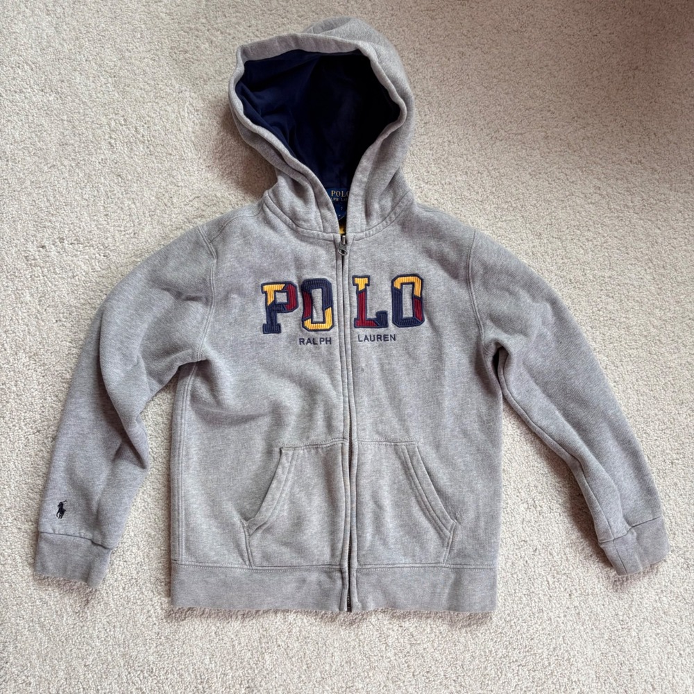 Polo Ralph Lauren Youth Zip Hoodie Chenille Logo Gray Unisex Size 7 Gray USED